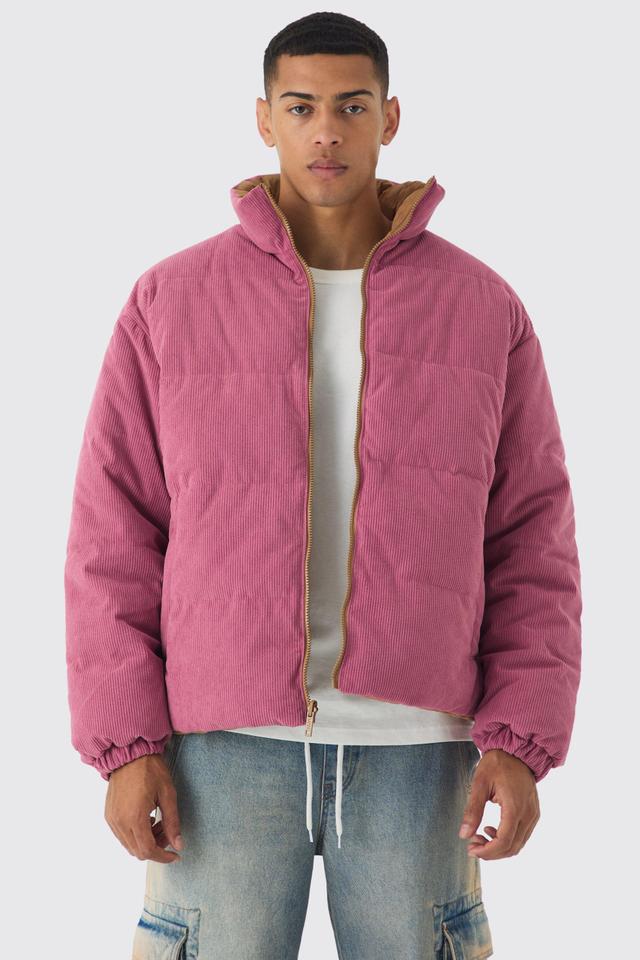 Mens Reversible Cord And Nylon Puffer Jacket In Pink, Pink Product Image