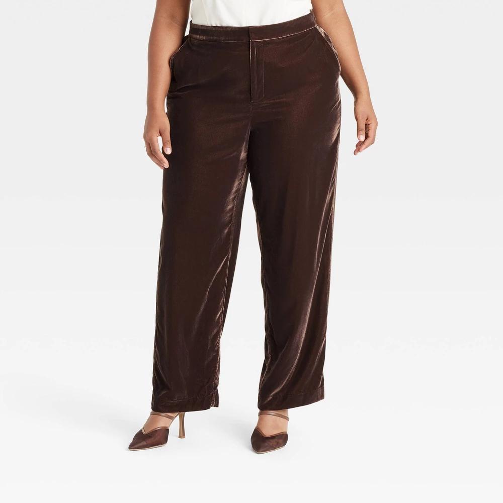 Womens High-Rise Straight Leg Velvet Trousers - A New Day Brown 24 product image