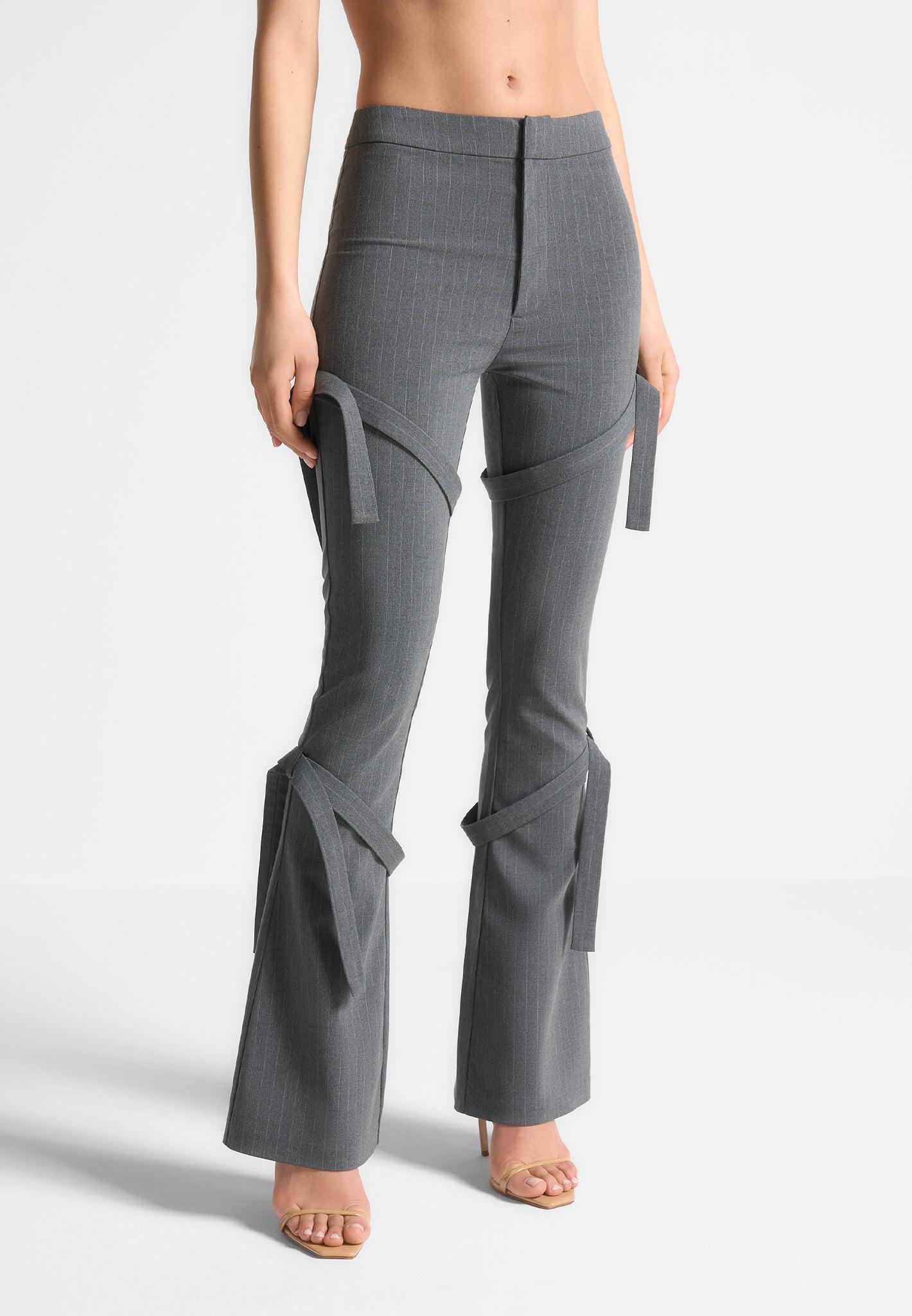 Strap Detail Pinstripe Fit and Flare Leggings - Grey Female Product Image