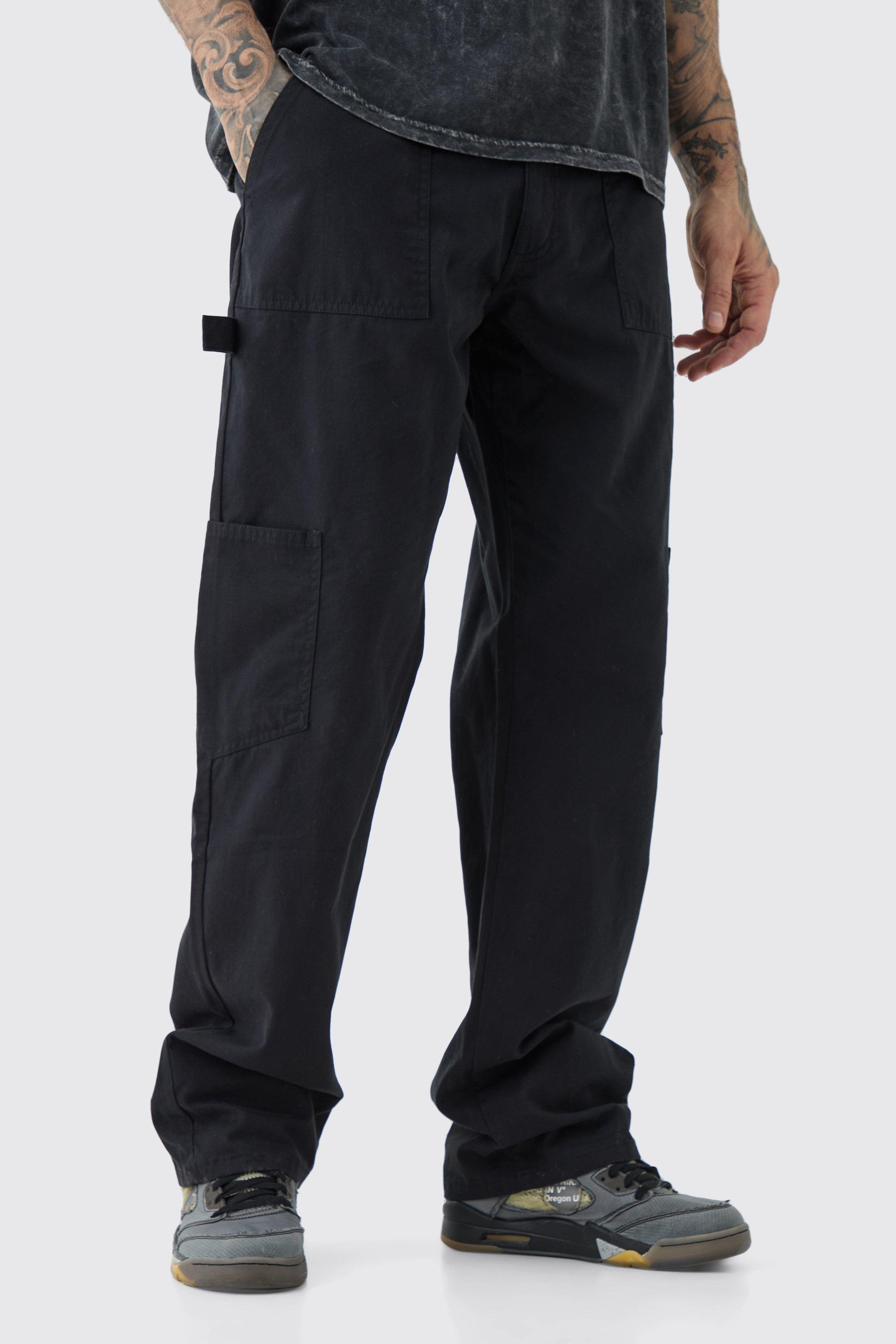 Mens Black Tall Relaxed Fit Washed Carpenter Cargo Trouser, Black product image