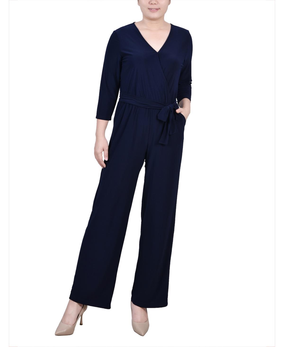 Ny Collection Petite Short 3/4 Sleeve Belted Wide Leg Jumpsuit Product Image