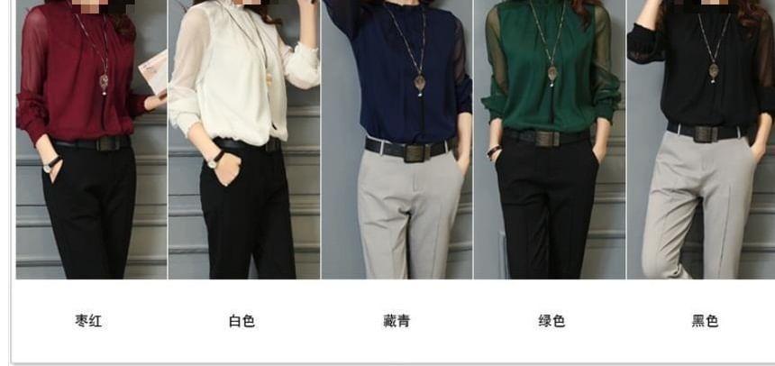 Long-Sleeve Plain Frill Trim Blouse Product Image