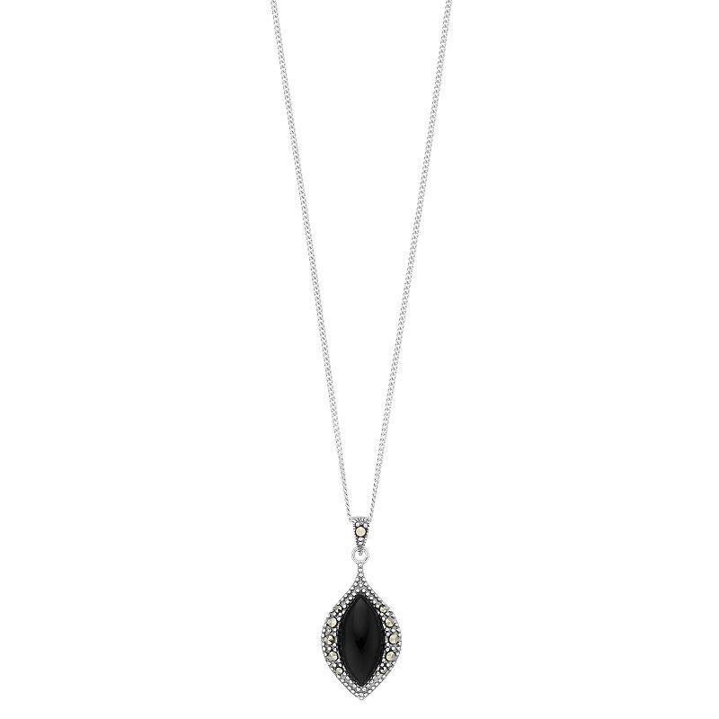 Tori Hill Sterling Silver Onyx & Marcasite Marquise Pendant, Womens Product Image