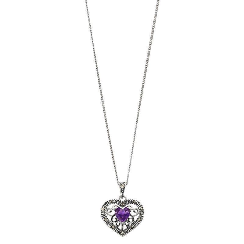 Tori Hill Sterling Silver Amethyst & Marcasite Heart Pendant Necklace, Womens Product Image