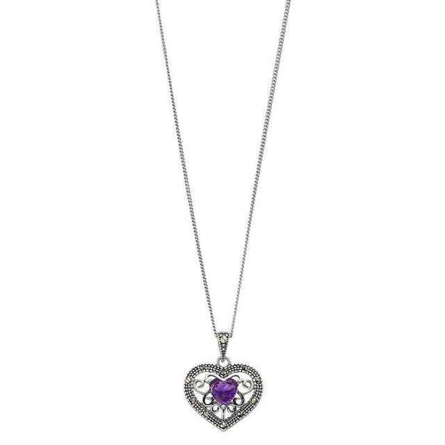 Tori Hill Sterling Silver Amethyst & Marcasite Heart Pendant Necklace, Womens Product Image