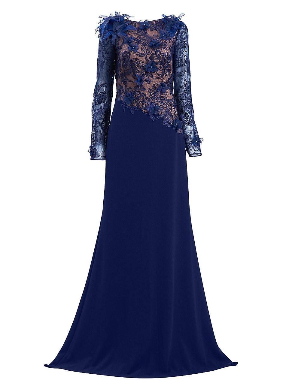 Womens Floral Lace Asymmetric Long-Sleeve Gown Product Image