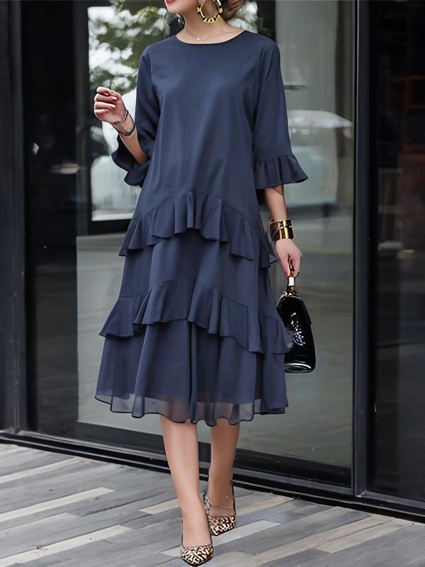 Half Sleeves Loose Layered Ruffle Trim Solid Color Zipper Round-Neck Midi Dresses Product Image