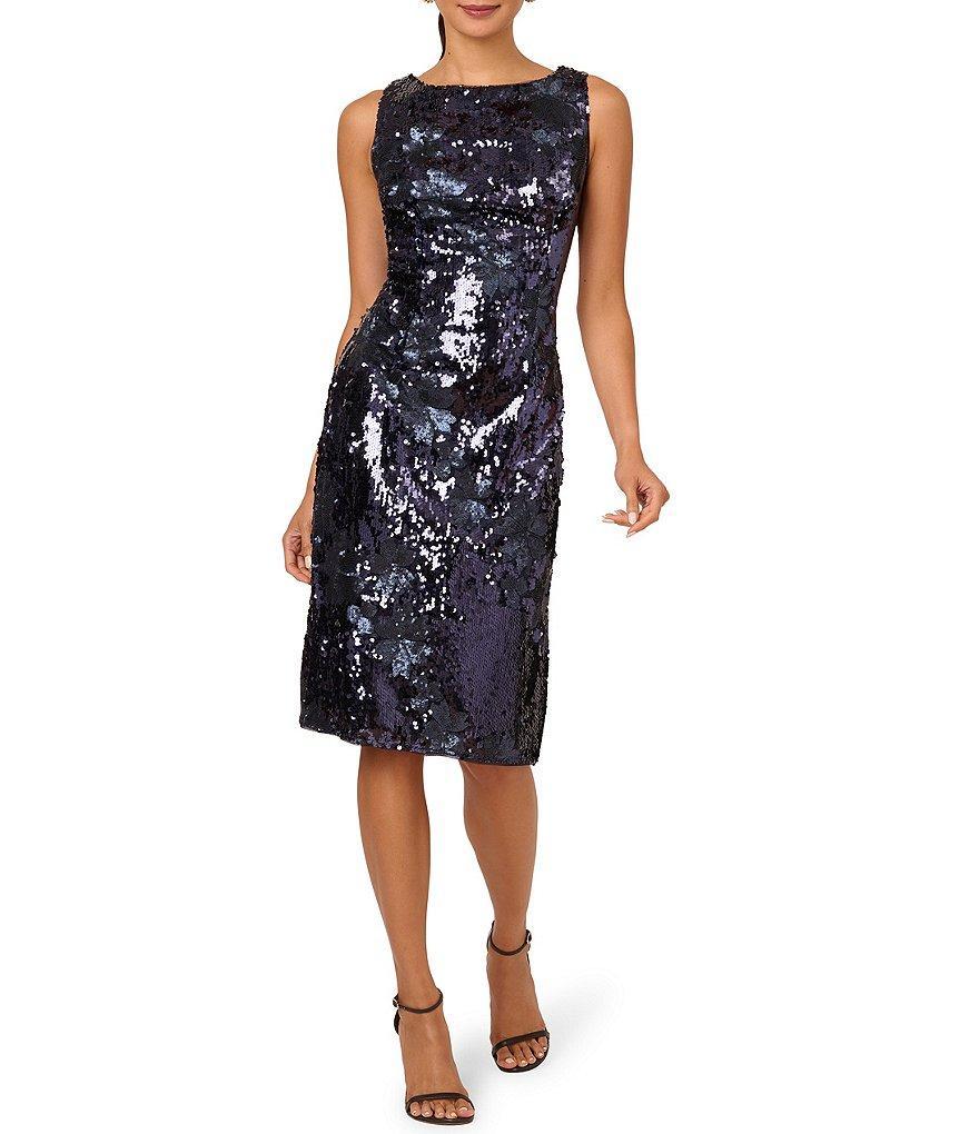 Adrianna Papell Sequin Boat Neck Sleeveless Sheath Dress Product Image