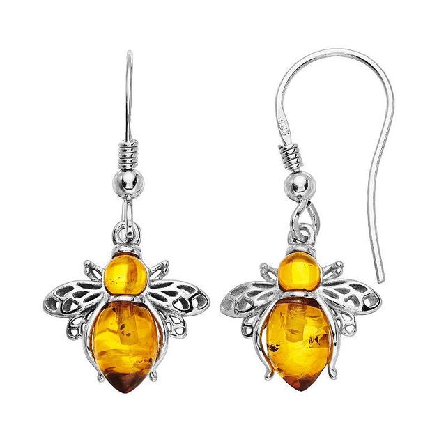 Sterling Silver Amber Bee Drop Earrings, Womens Product Image