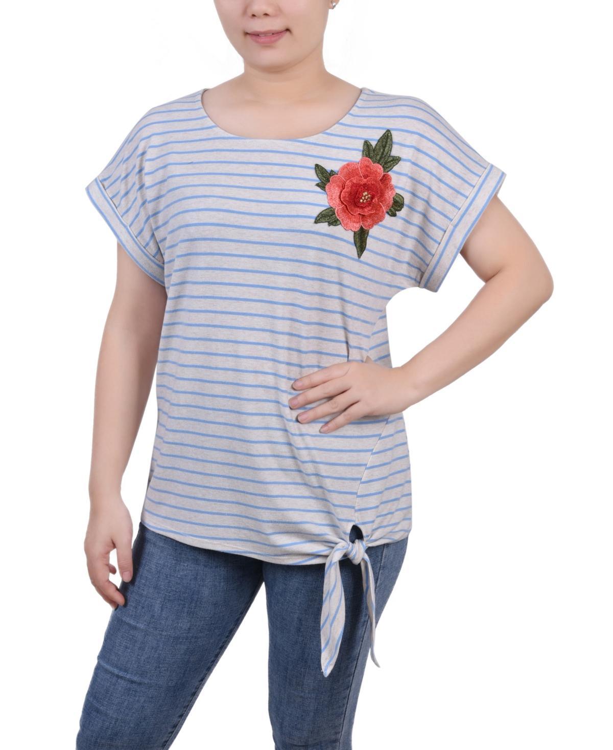 Ny Collection Womens Short Sleeve Embroidered Tie Front Top Product Image