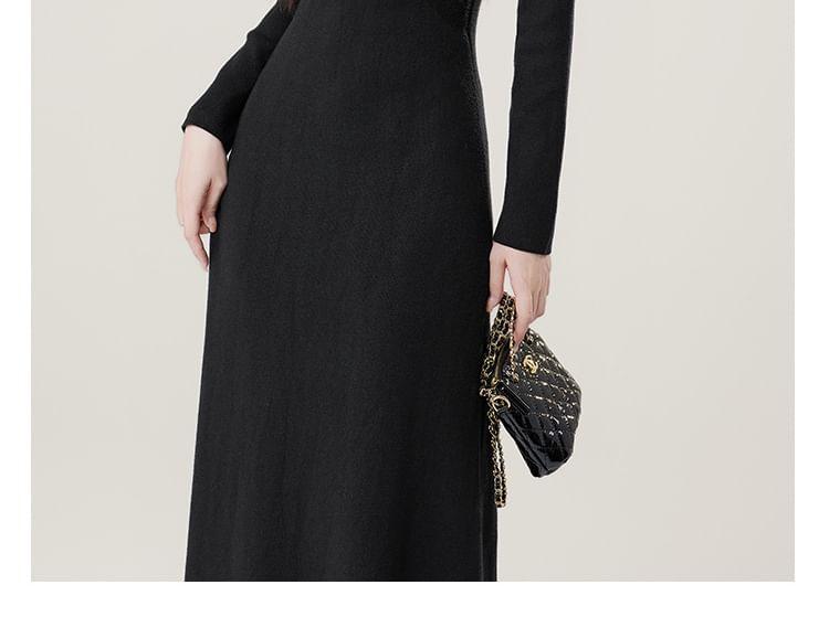 Long Sleeve V-Neck Plain Twist Knit Midi A-Line Dress Product Image