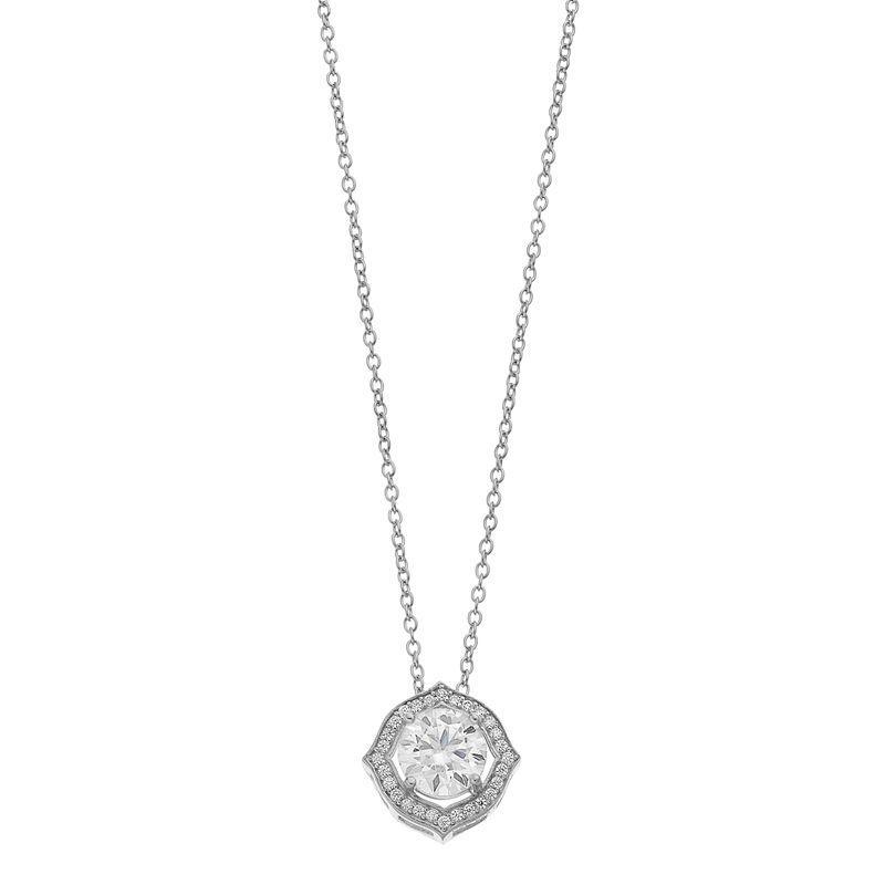 Stella Valentino Sterling Silver Lab Created Moissanite Round Halo Vintage Style Pendant Necklace, Womens Product Image