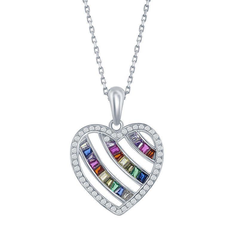 Sterling Silver Rainbow Cubic Zirconia Heart Pendant, Womens Product Image