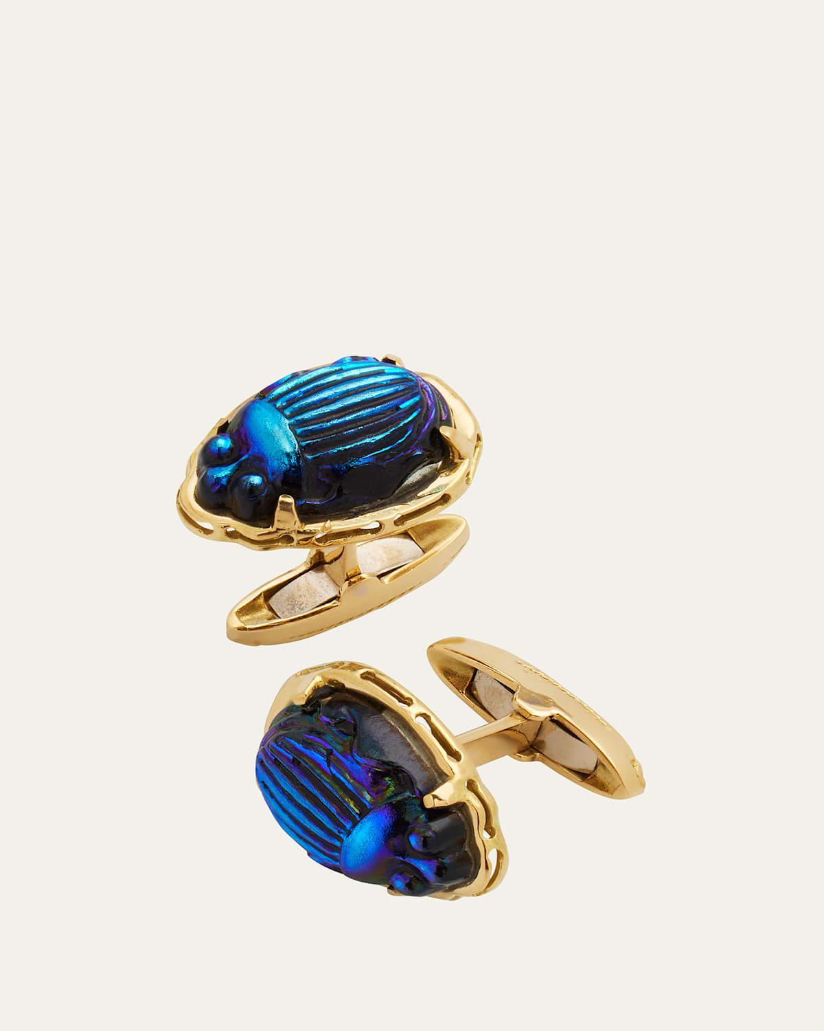 Mens 18K Yellow Gold Glass Scarab Cufflinks Product Image