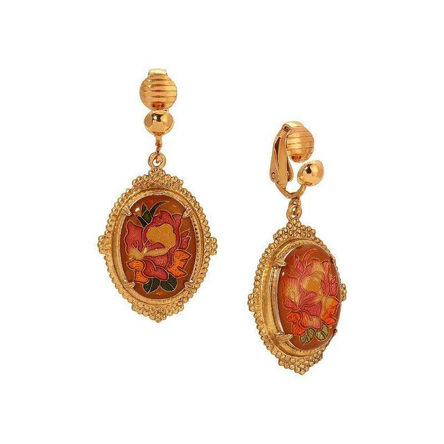 1928 Gold-Tone Floral Oval Clip-On Drop Earrings, Womens, Pink Product Image