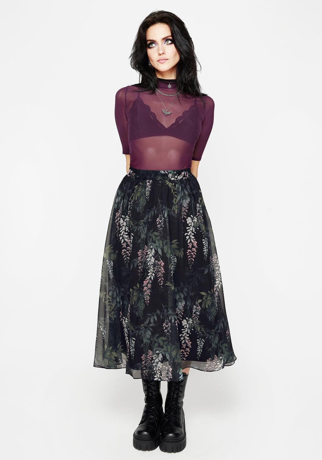 Wisteria Floral Print Chiffon Midi Skirt Product Image