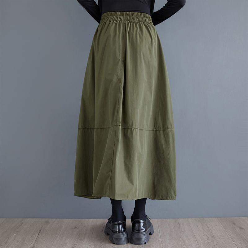 High Waist Asymmetrical Plain Midi A-Line Skirt Product Image