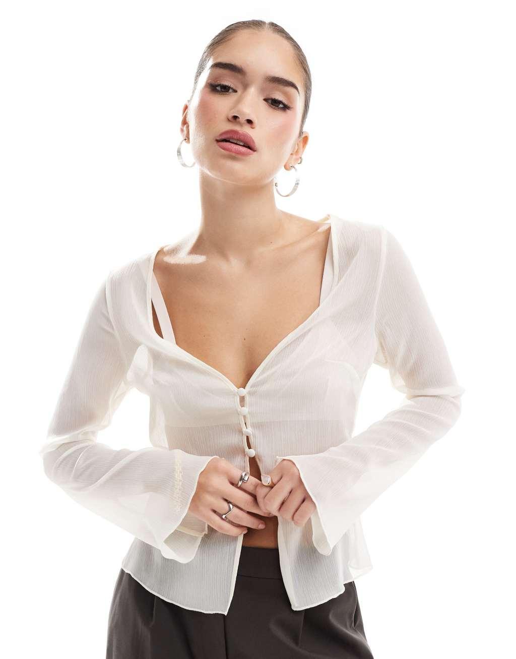 ASOS DESIGN crinkle chiffon plunge blouse in ecru Product Image