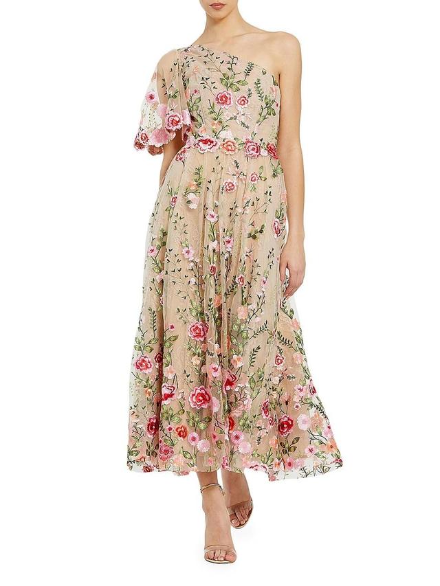 Womens Floral Embroidered One-Shoulder Midi-Dress Product Image