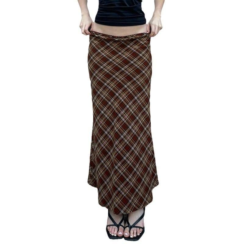 High Waist Plaid Maxi A-Line Skirt Product Image