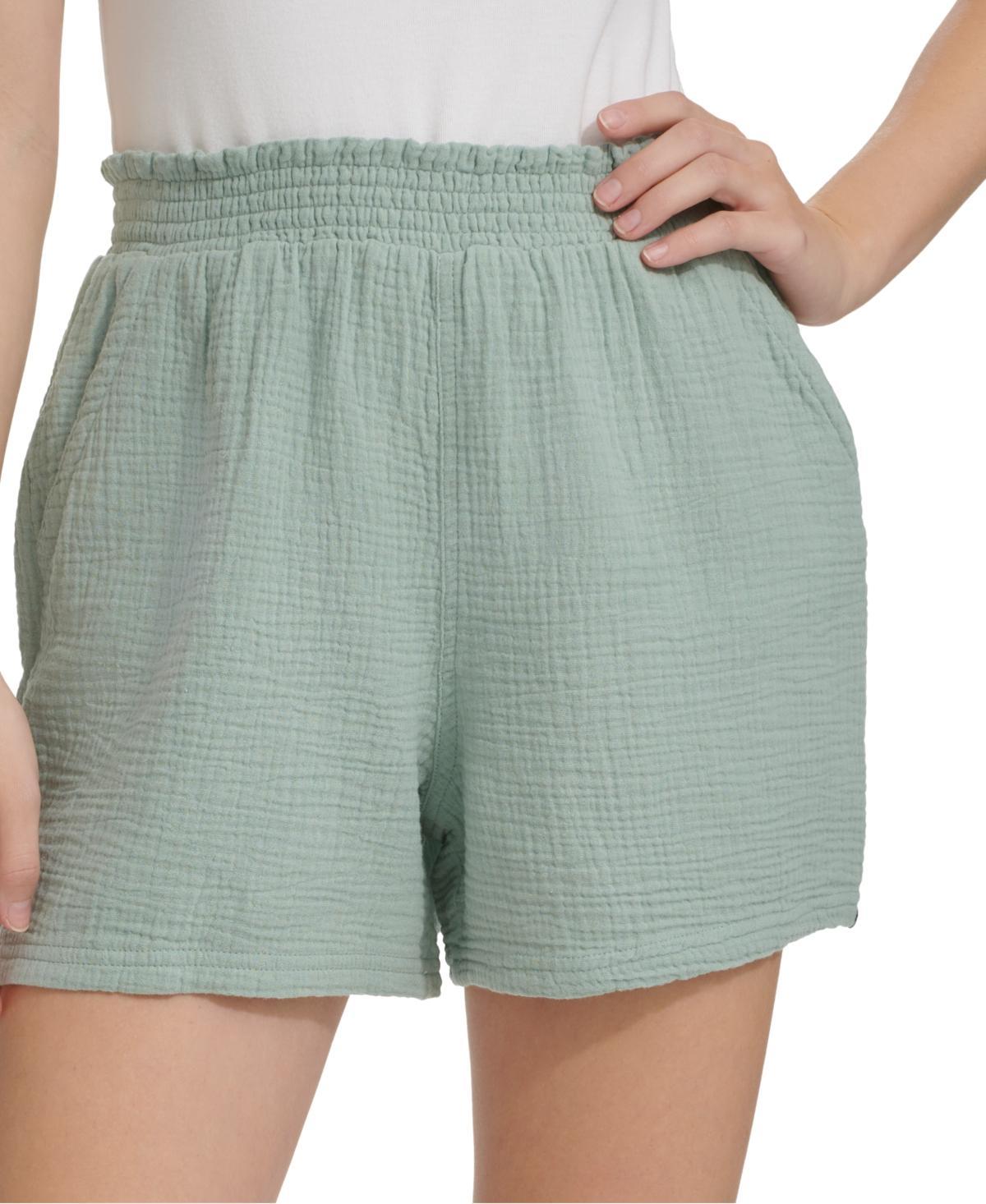 Calvin Klein Jeans Womens Smocked-Waist Double-Crepe Pull-On Cotton Shorts Product Image