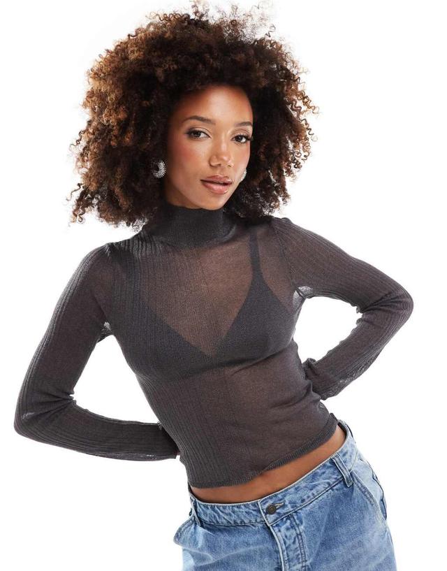 ASOS DESIGN knitted sheer roll neck layering top in charcoal Product Image