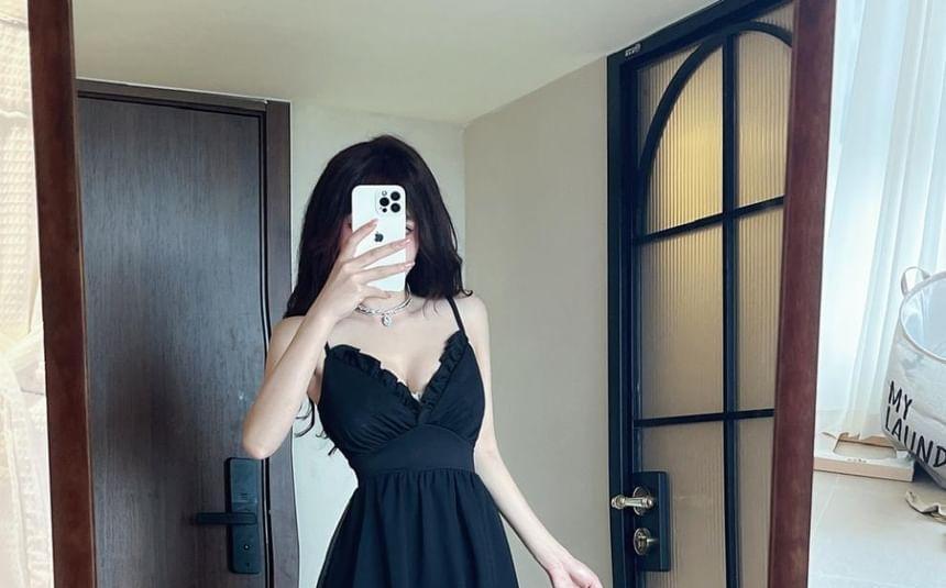 Spaghetti Strap Plain Ruffle Trim High Low A-Line Dress Product Image