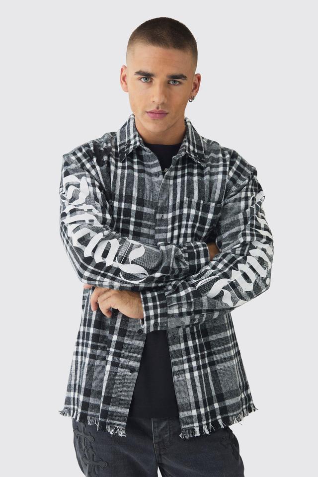 Oversized Cross Patchwork Plaid Long Sleeve Shirt | boohooMAN USA Product Image