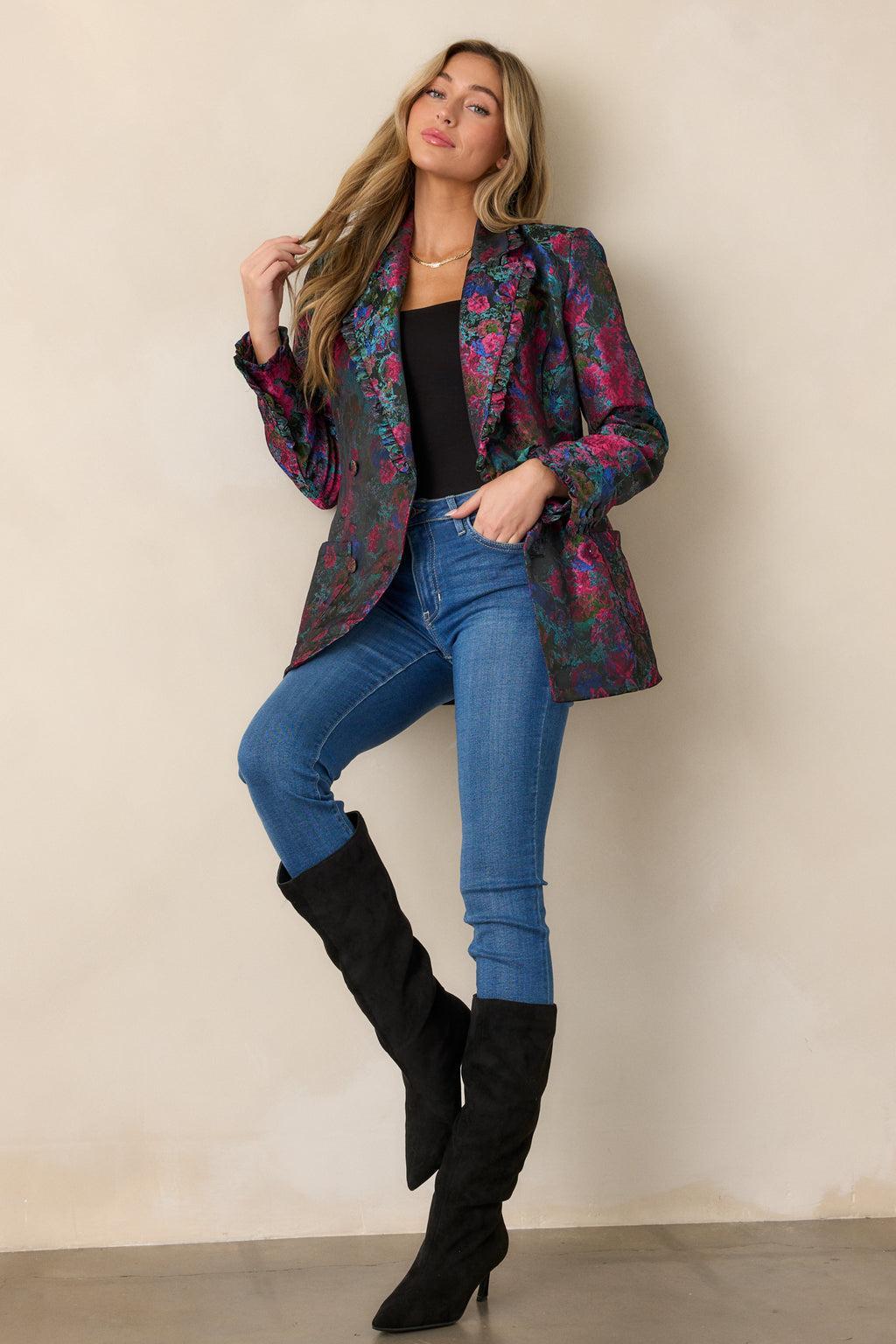 Feel The Vibe Navy Floral Jacquard Blazer Product Image