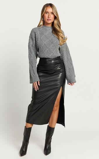 Chantel Midi Skirt - High Waist Ruched Faux Leather Skirt in Black product image