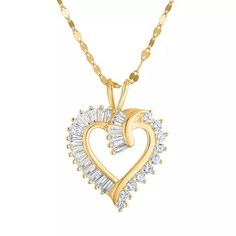 14k Gold Over Sterling Silver Cubic Zirconia Baguette Heart Pendant Necklace, Womens Gold Tone Product Image