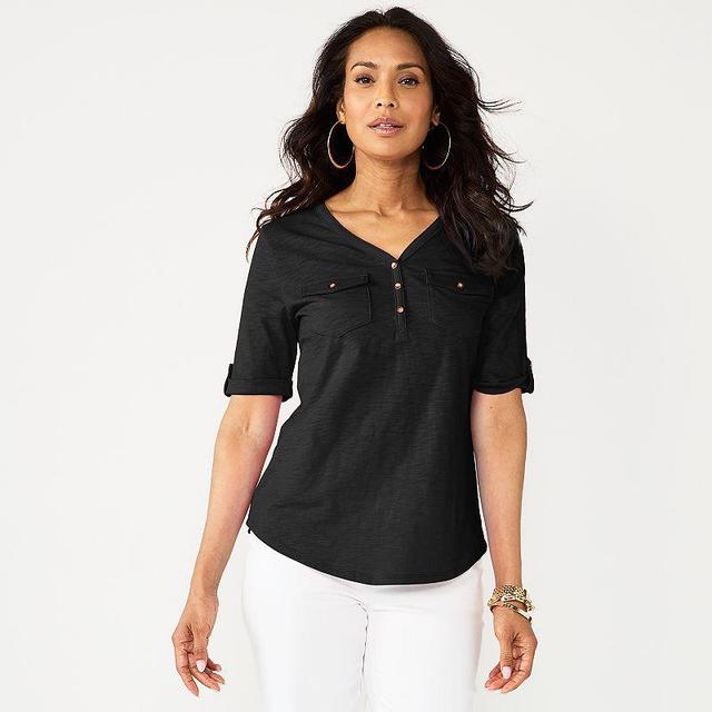 Petite Croft & Barrow Elbow Sleeve Utility Henley Top, Womens Product Image