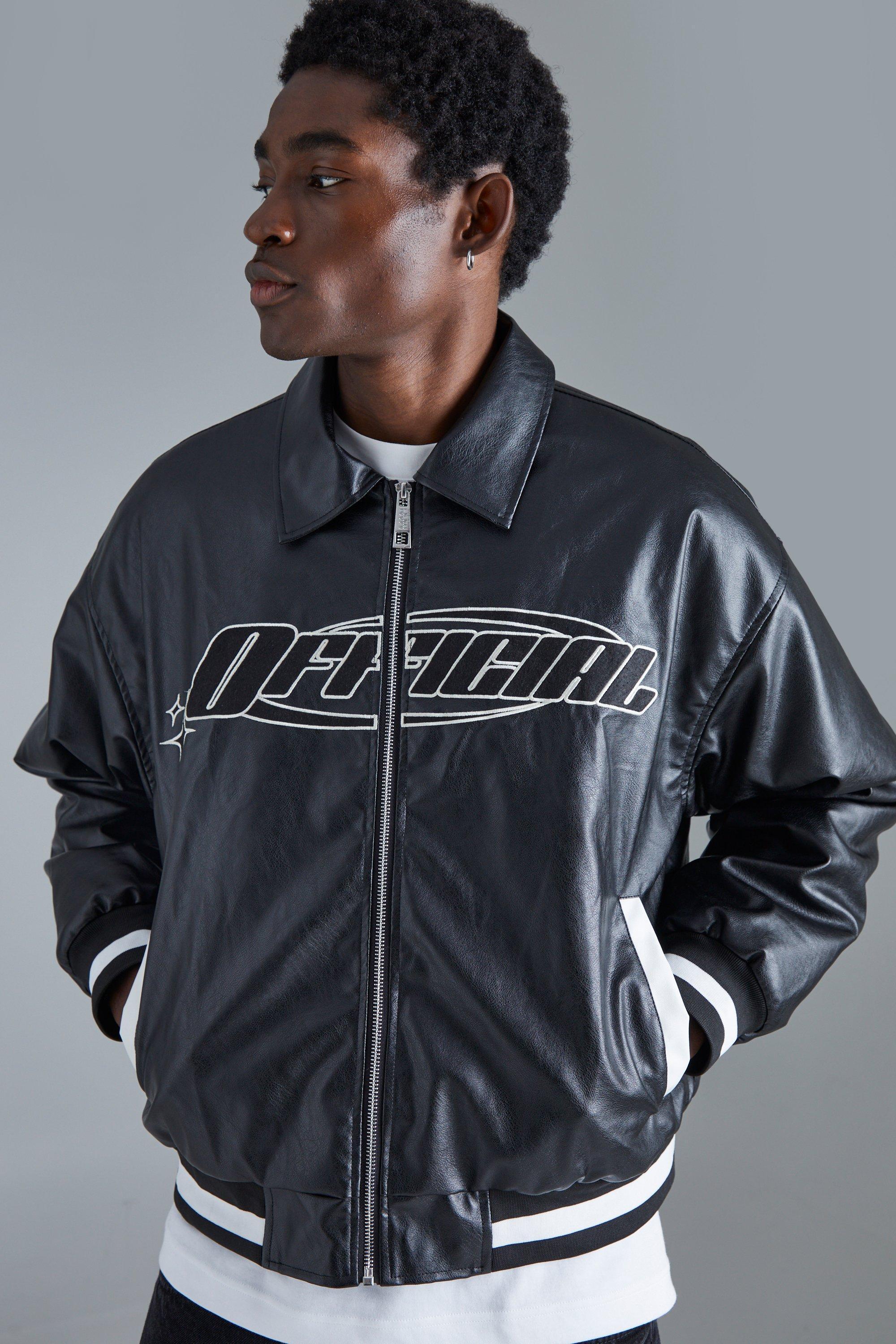 Boxy Pu Badge Varsity Bomber Jacket | boohooMAN USA Product Image