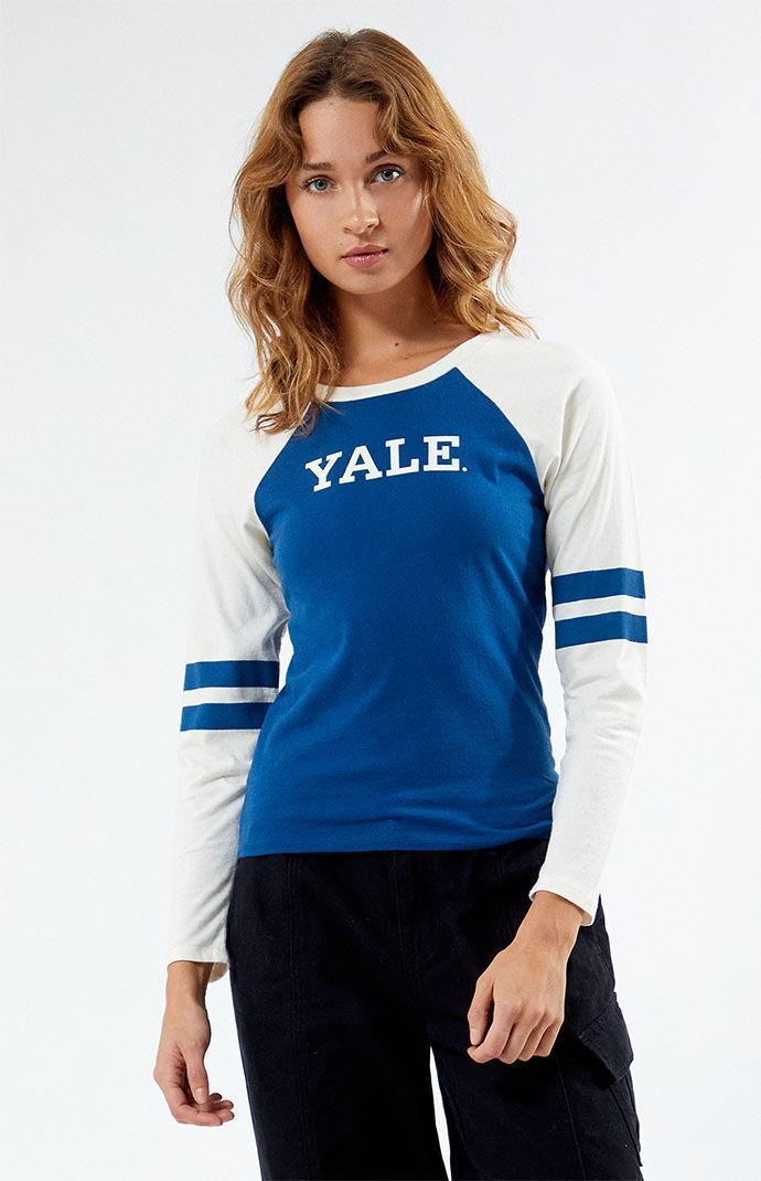 YALE Women's Striped Raglan Long Sleeve T-Shirt in White/Navy - Product Image