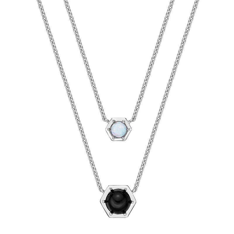 Gemminded Sterling Silver Onyx & Lab-Created Opal Hexagon Layered Necklace, Womens Product Image