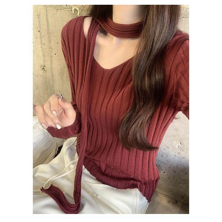 Long-Sleeve V-Neck Ribbed Plain Knit Top Product Image