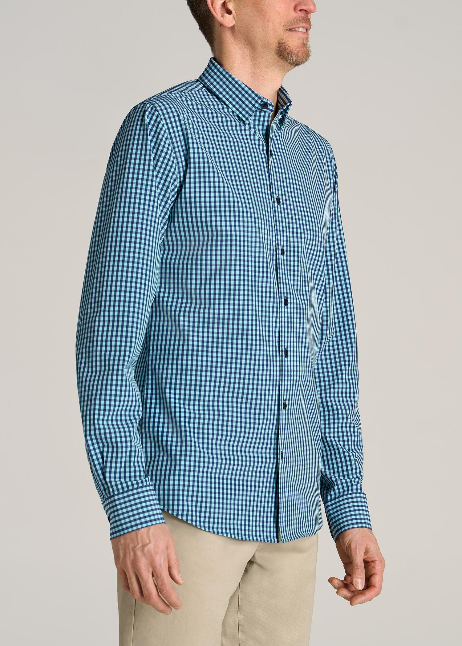 Traveler Stretch Dress Shirt for Tall Men in Teal Gingham Product Image