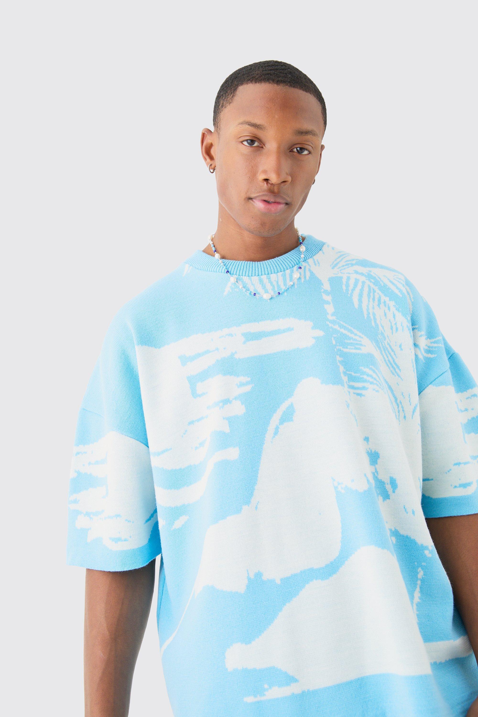 Oversized Line Scenic Knitted T-shirt | boohooMAN USA Product Image