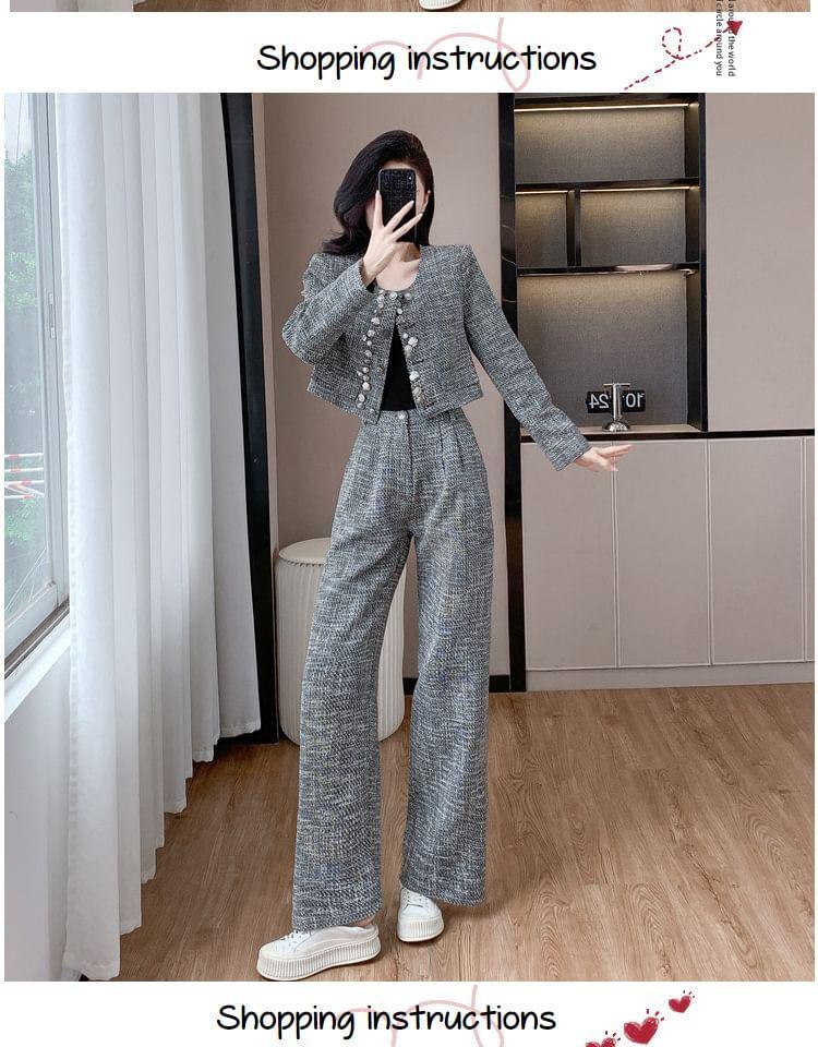 Set: Round Neck Beaded Tweed Button Jacket + High Waist Wide Leg Pants Product Image