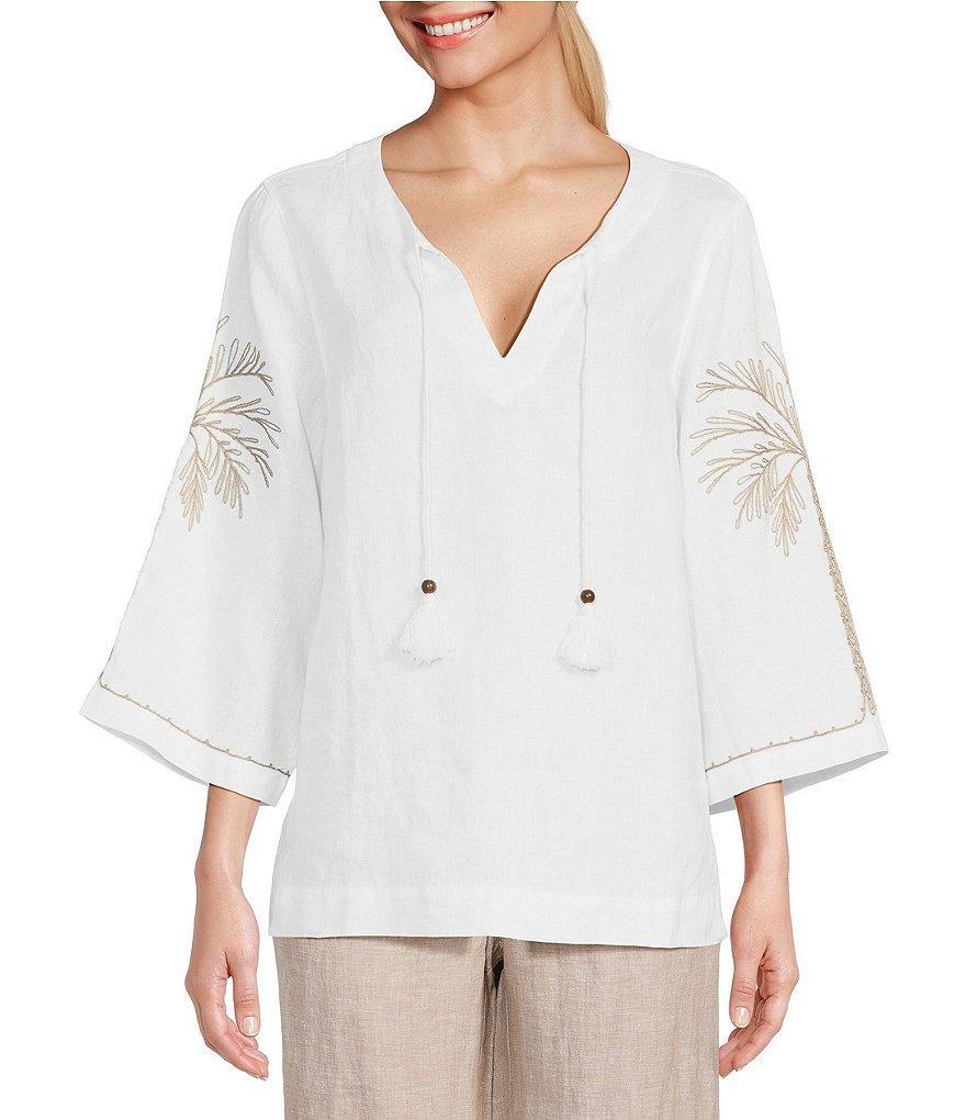 Tommy Bahama Breezy Palms Embroidered Split V-Neck Long Sleeve Tassel Tunic Product Image