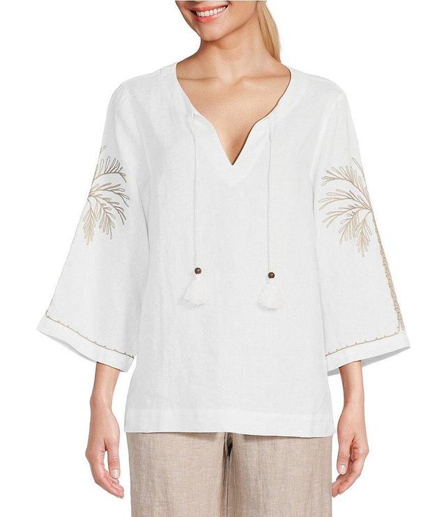 Tommy Bahama Breezy Palms Embroidered Split V-Neck Long Sleeve Tassel Tunic Product Image