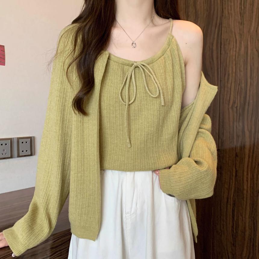 Set: Plain Bow Cami Top + Cardigan Product Image