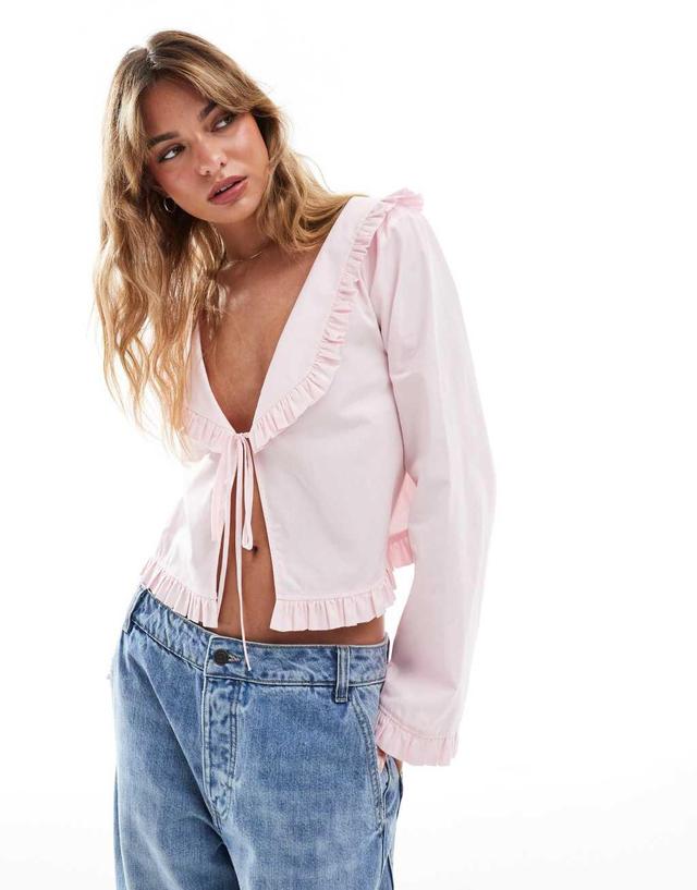 ASOS DESIGN tie front collar blouse in pink Product Image