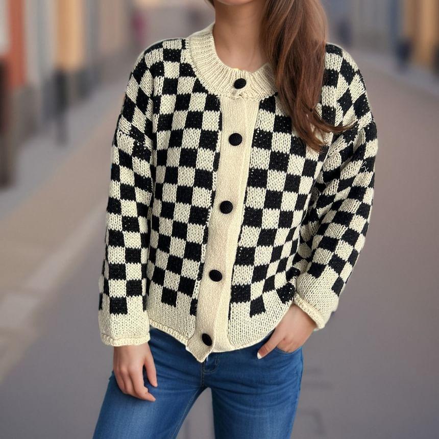 Crew Neck Checkerboard Button-Up Cardigan Product Image