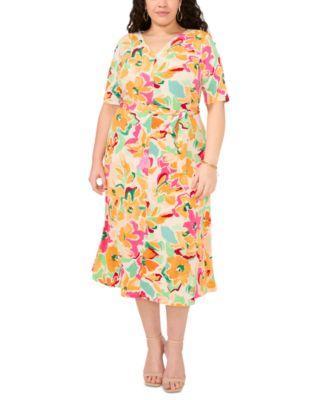 Plus Size Printed Tie-Waist Midi Dress Product Image