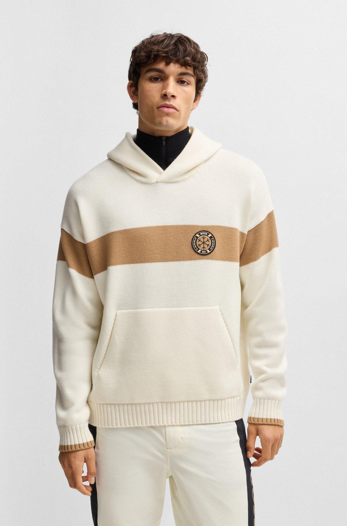 BOSS - BOSS Ski virgin-wool hoodie with camel stripes - White Product Image