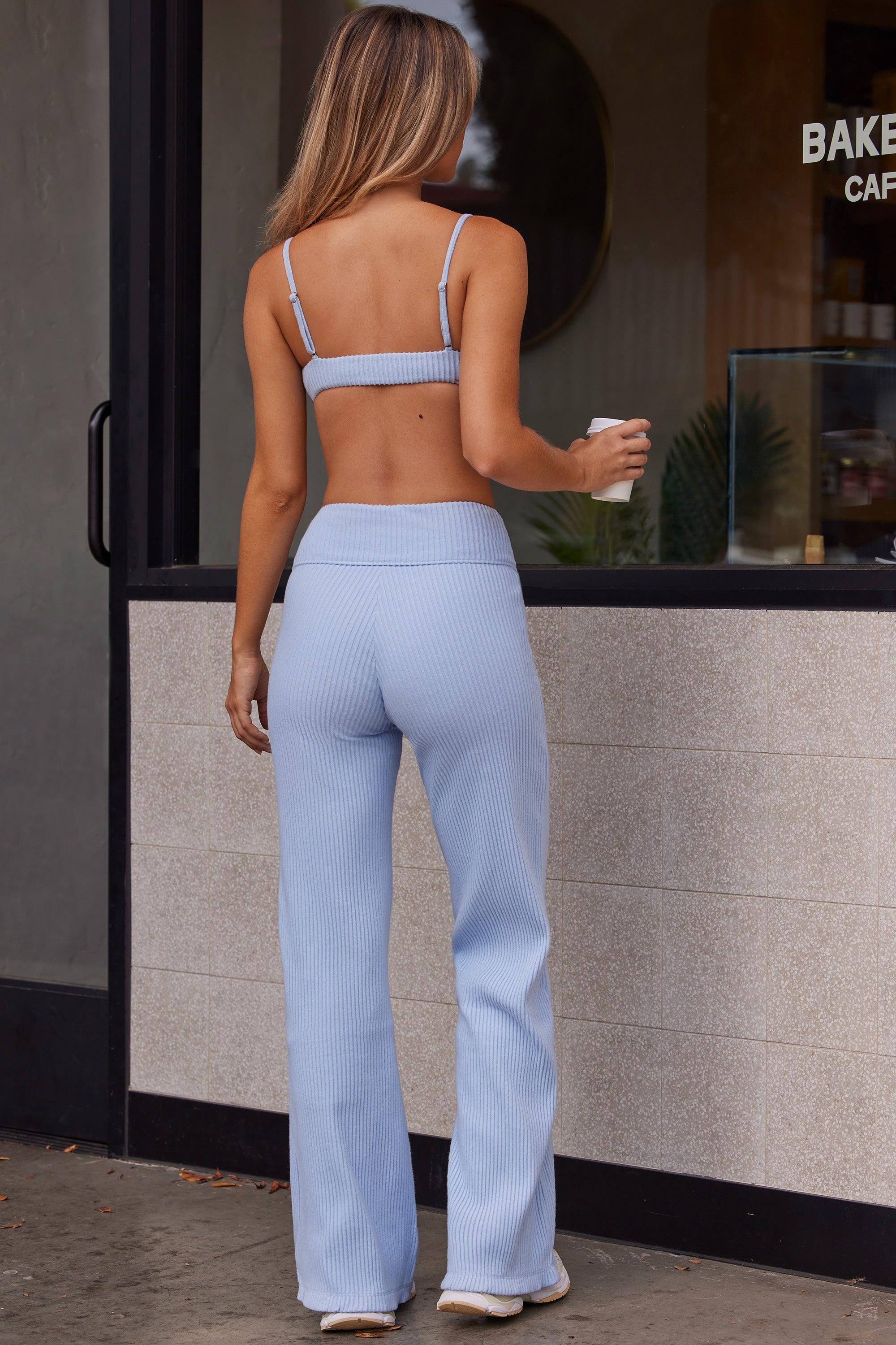 Soft Rib High Waist Fold Over Trousers in Soft Blue Female Product Image