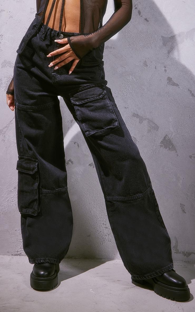 Black Cargo Pocket Wide Leg Jeans Product Image