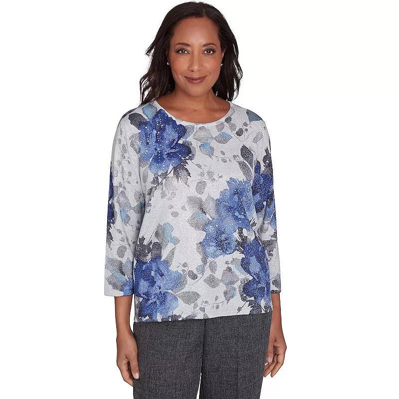 Alfred Dunner Womens Worth Avenue Watercolor Floral Shimmer Crew Neck Top Product Image