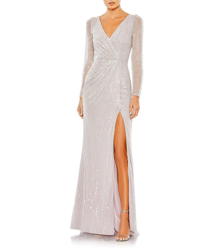 Mac Duggal Sequin Long Sleeve Surplice V-Neck Faux Wrap Thigh High Slit Sequin Gown Product Image